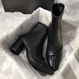 Bota feminina de salto alto com laço bico quadrado retrô