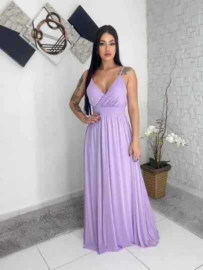 Vestido longo de festa tule alça forrado