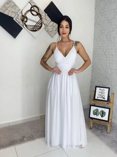 Vestido longo de festa tule alça forrado