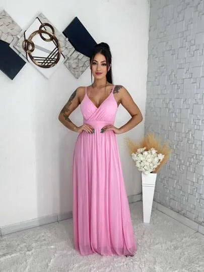 Vestido longo de festa tule alça forrado