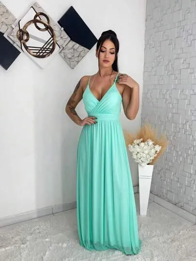 Vestido longo de festa tule alça forrado