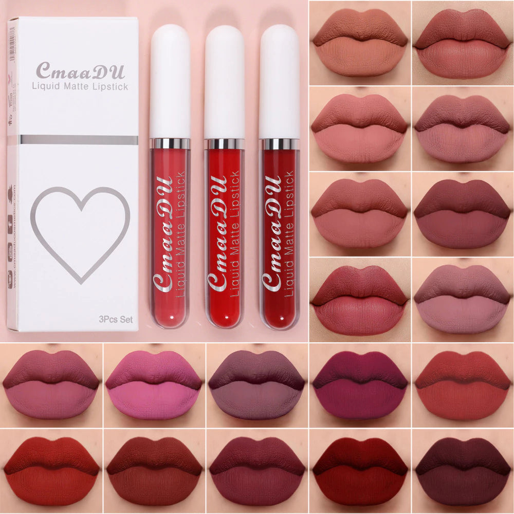 3 Pcs Lip Gloss Batom Longa Duração À Prova d'Água