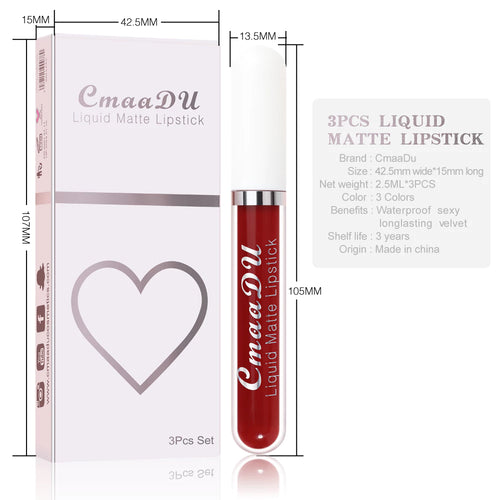 3 Pcs Lip Gloss Batom Longa Duração À Prova d'Água